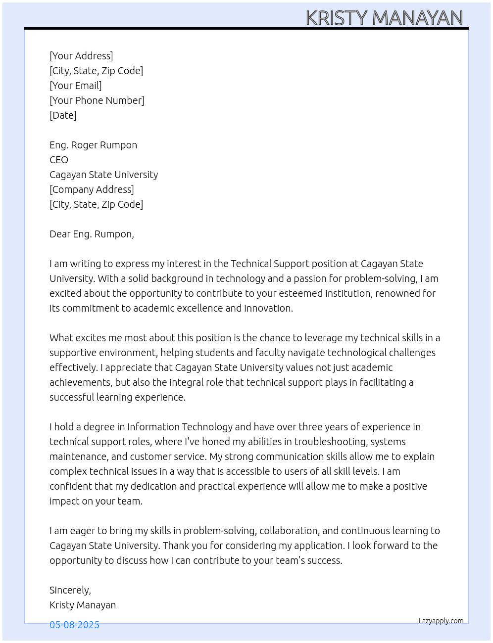 Technical support  At Cagayan State University  Cover Letter