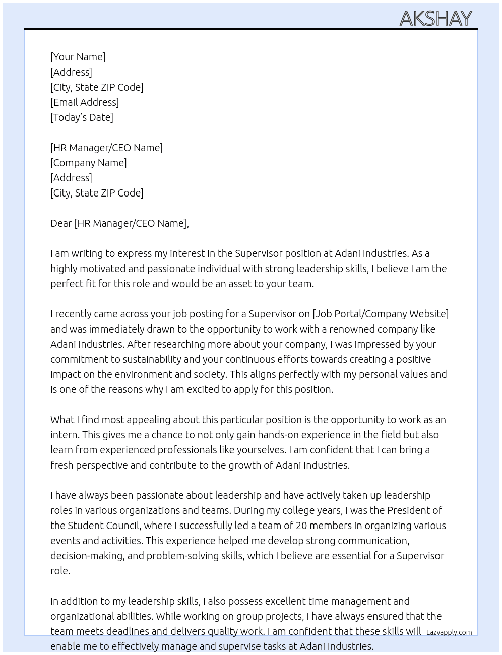 Supervisor  At Adani Industries  Cover Letter