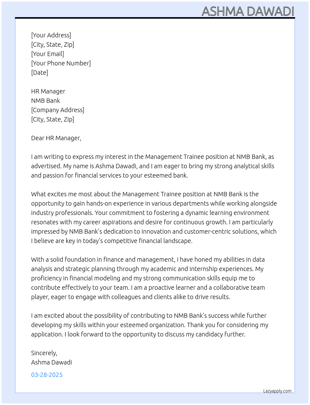 management trainee  At NMB Bank Cover Letter