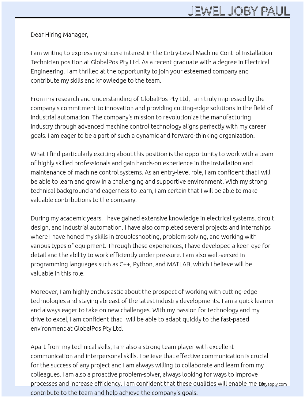 Entry-Level Machine Control Installation Technician At GlobalPos Pty Ltd Cover Letter
