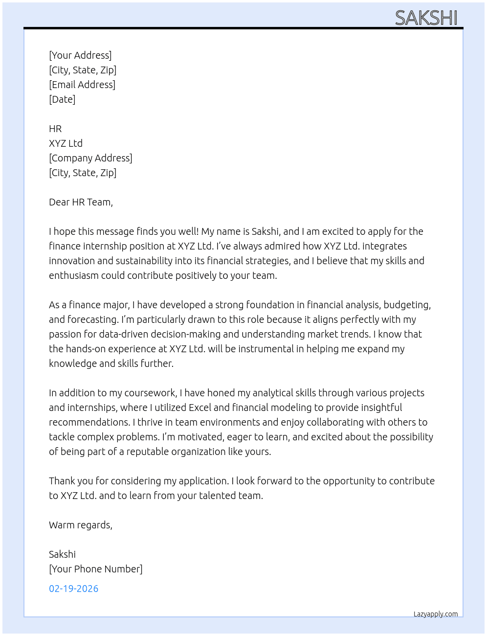 finance  At xyz ltd  Cover Letter