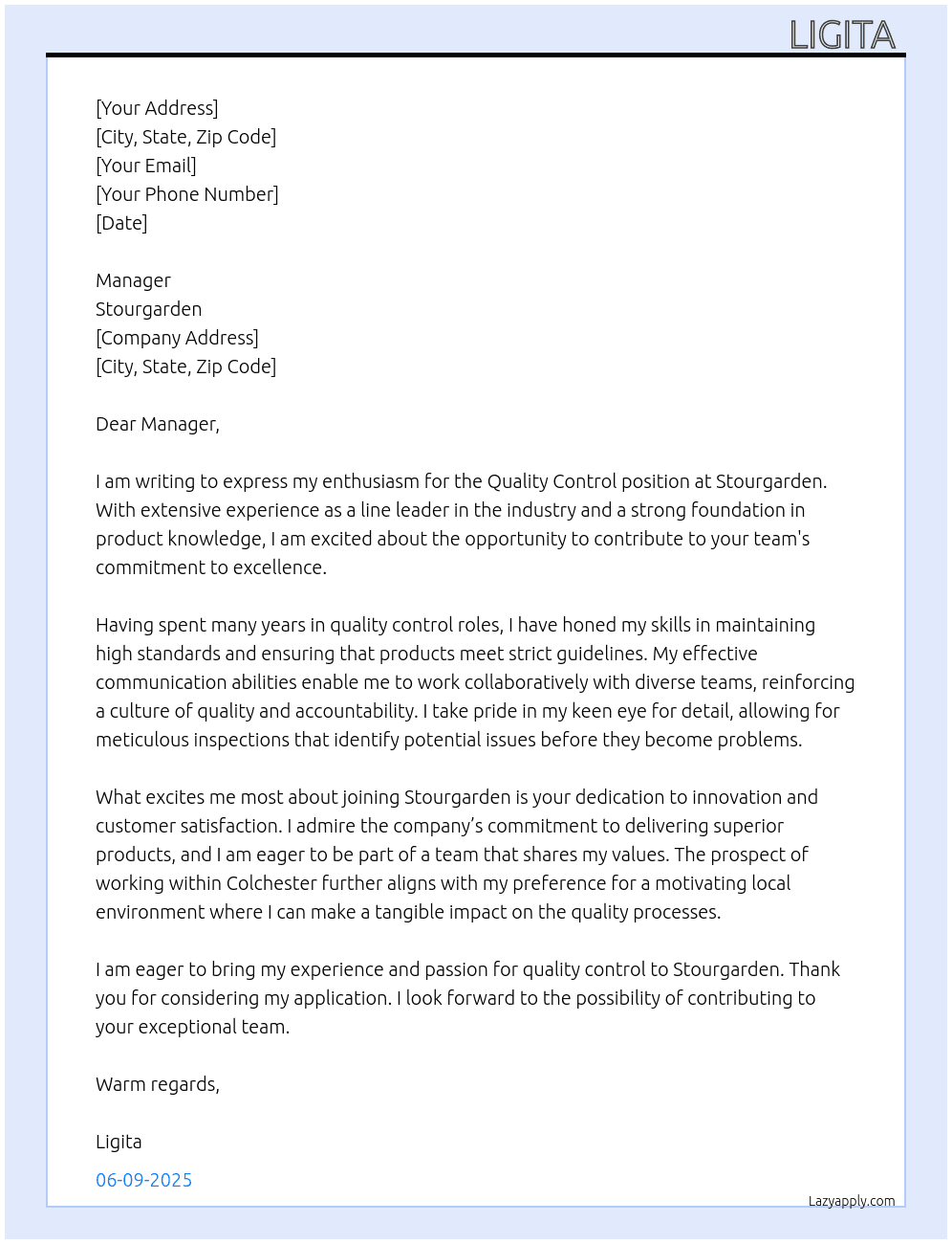 Quality control  At Stourgarden  Cover Letter