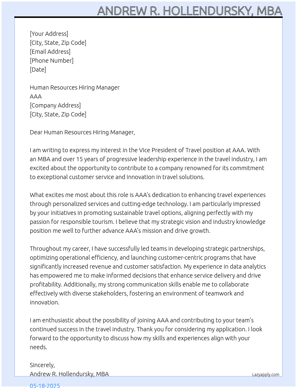 Vice President of Travel At AAA Cover Letter