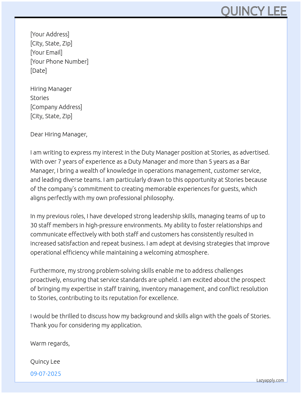 Duty Manager At Stories Cover Letter