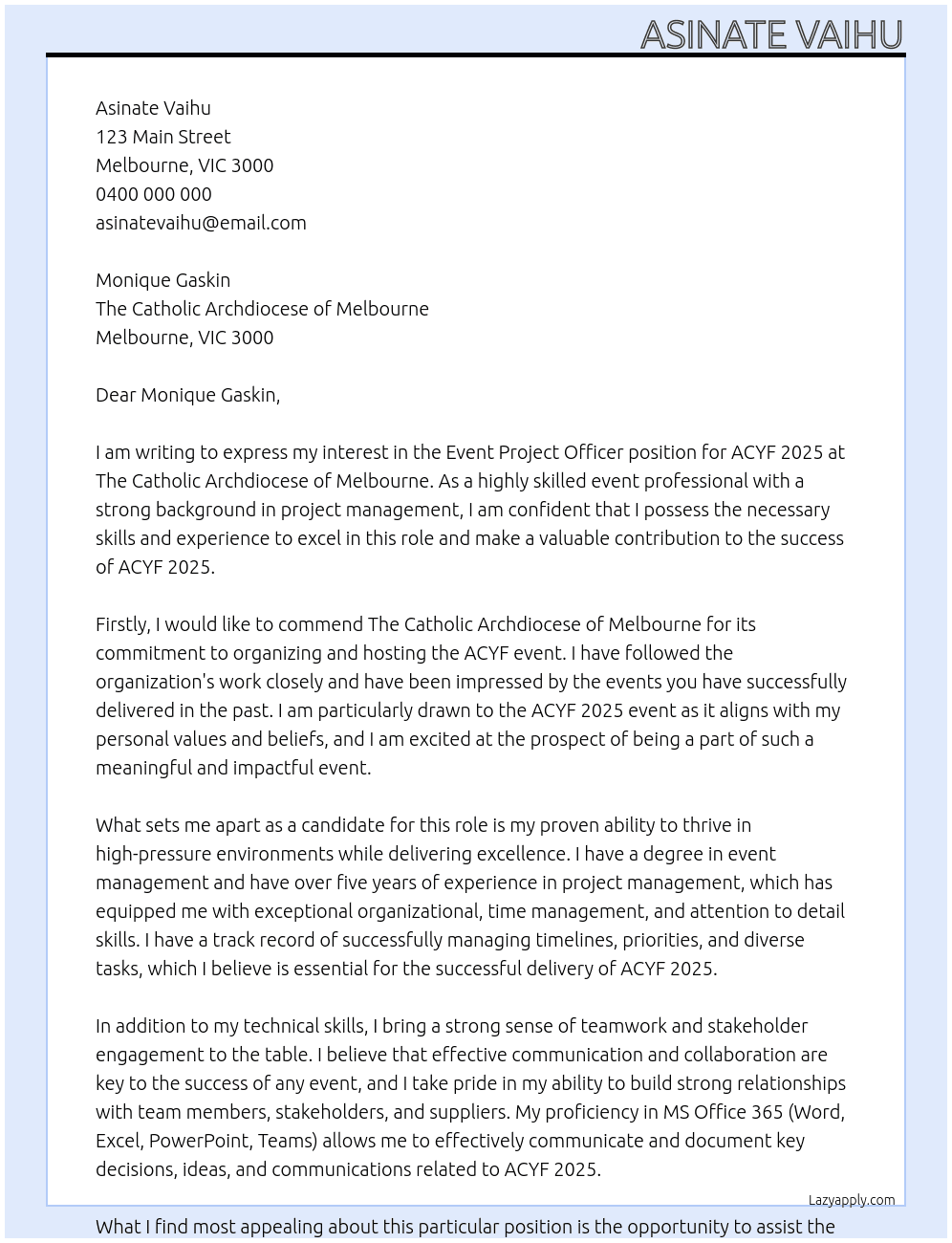 Cover letter for event project officer - acyf 2025 - LazyApply