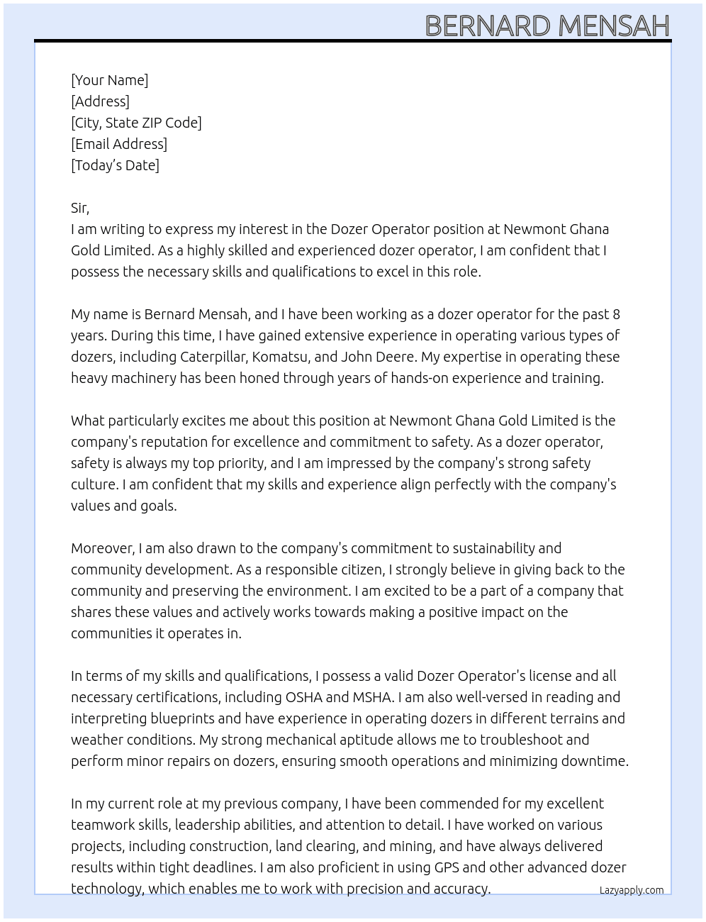 Dozer Operator At Newmont Ghana Gold Limited  Cover Letter