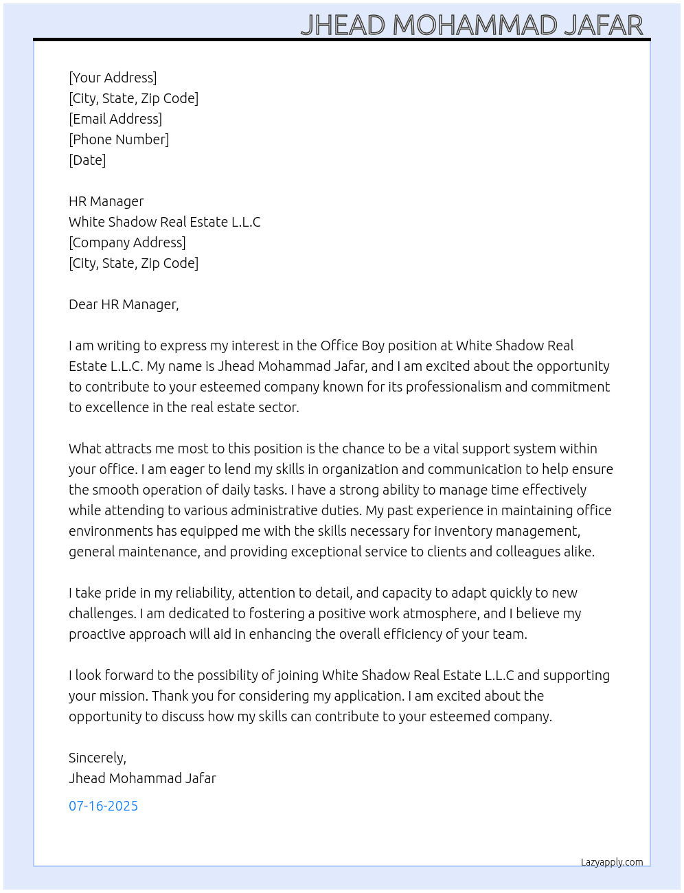 Office boy  At White Shadow Real Estate L.L.C Cover Letter