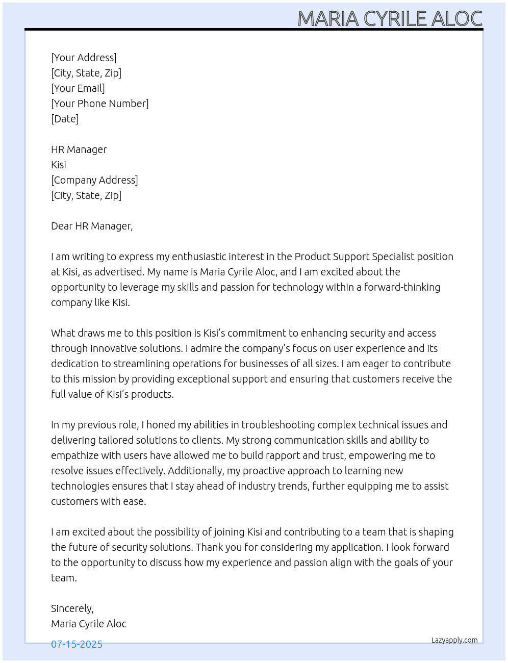 Product Support Specialist At Kisi Cover Letter