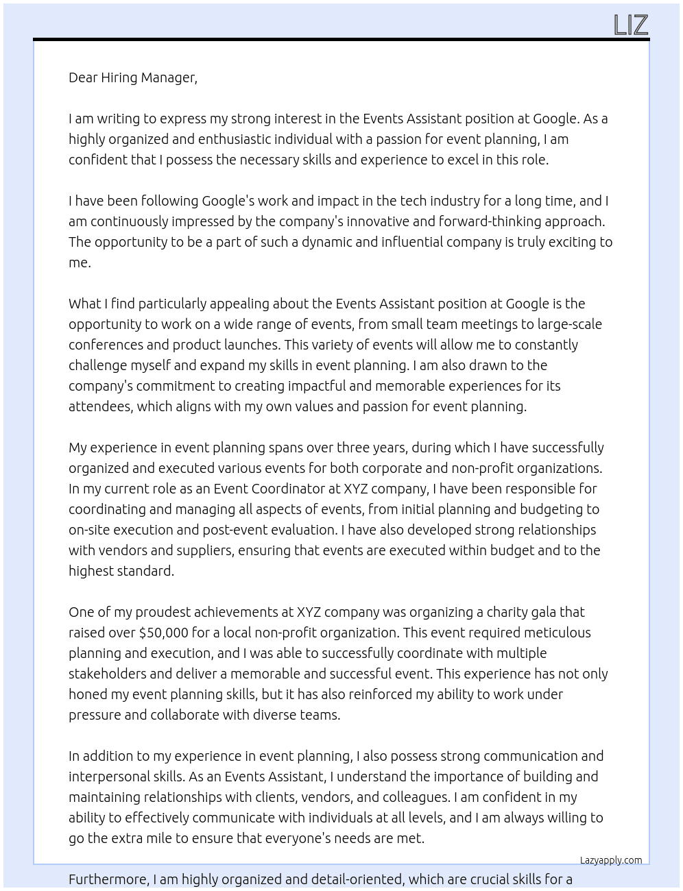 Events assistant  At Google Cover Letter