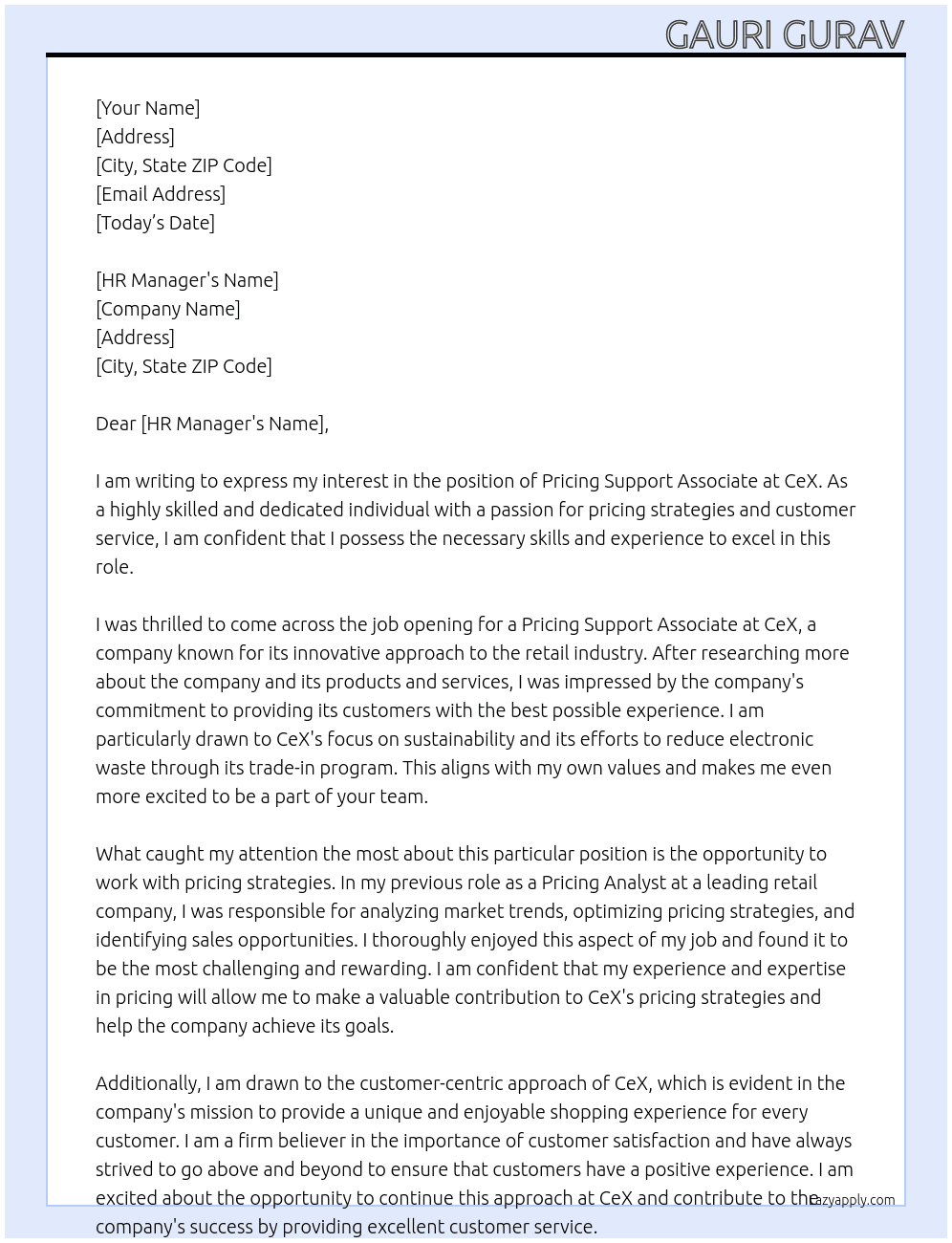 Cover letter for pricing support associate - LazyApply