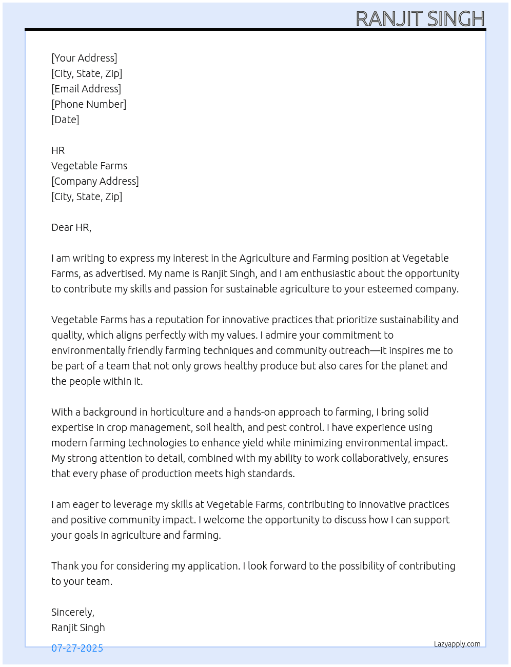 Agriculture and Farming At Vegetable Farms Cover Letter
