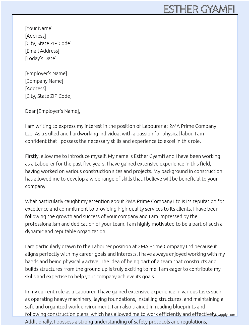Labourer  At 2MA PRIME COMPANY LTD Cover Letter