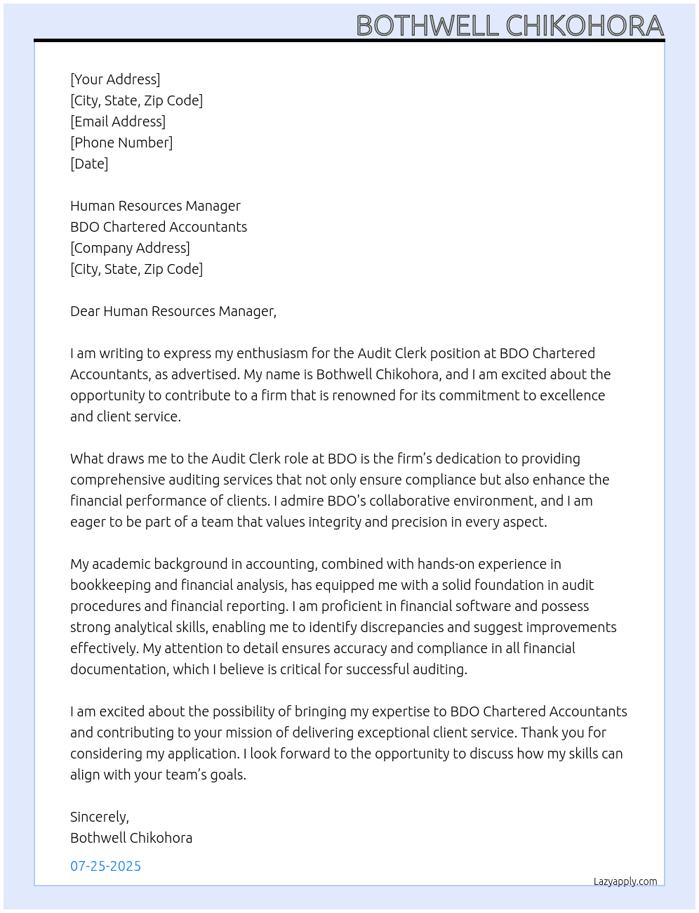 Audit Clerk At BDO Chartered Accountants Cover Letter