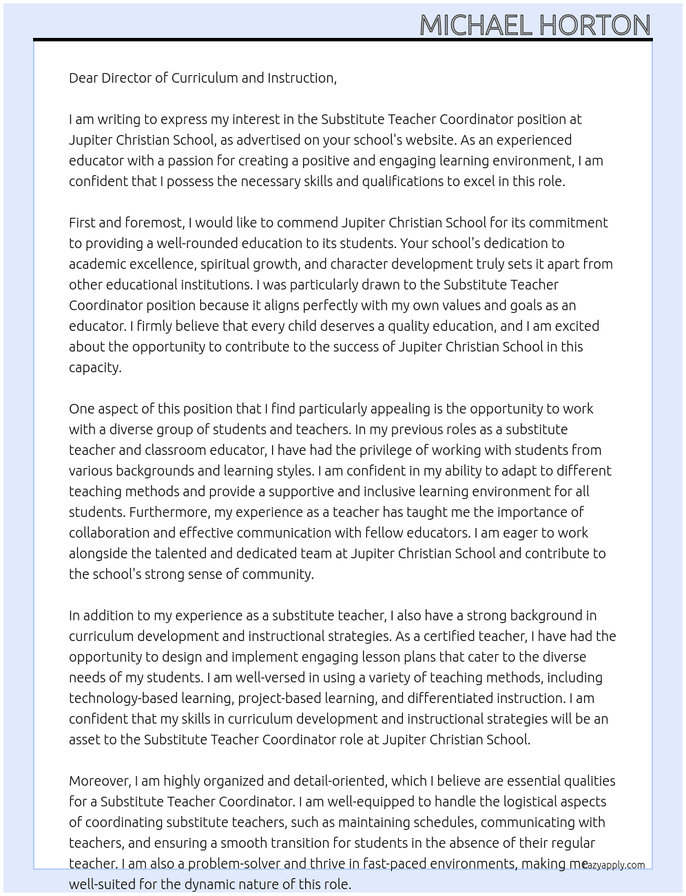 Substitute Teacher Coordinator At Jupiter Christian School Cover Letter