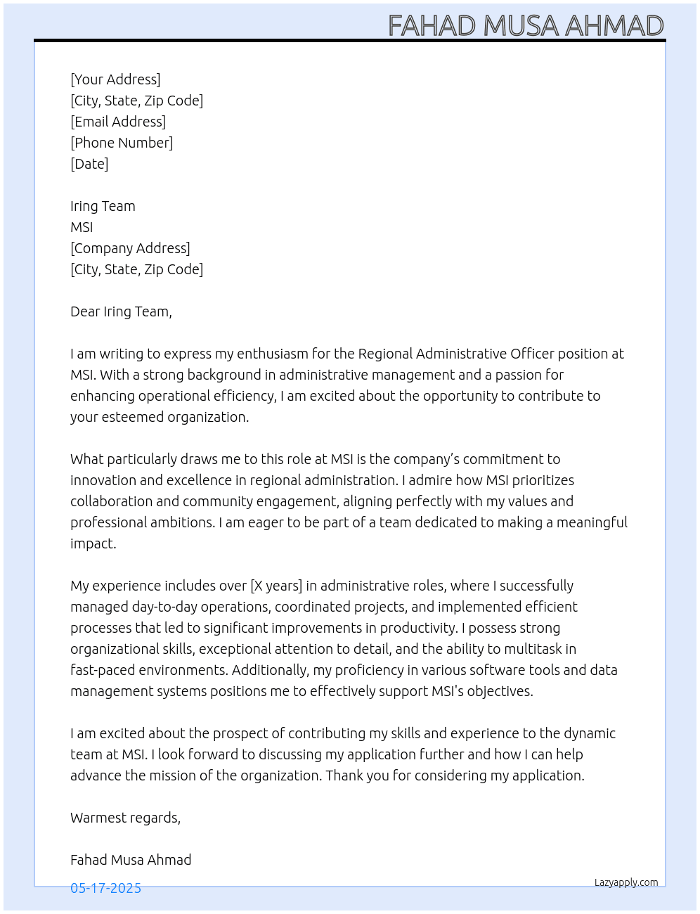 Cover letter for regional administrative officer - LazyApply