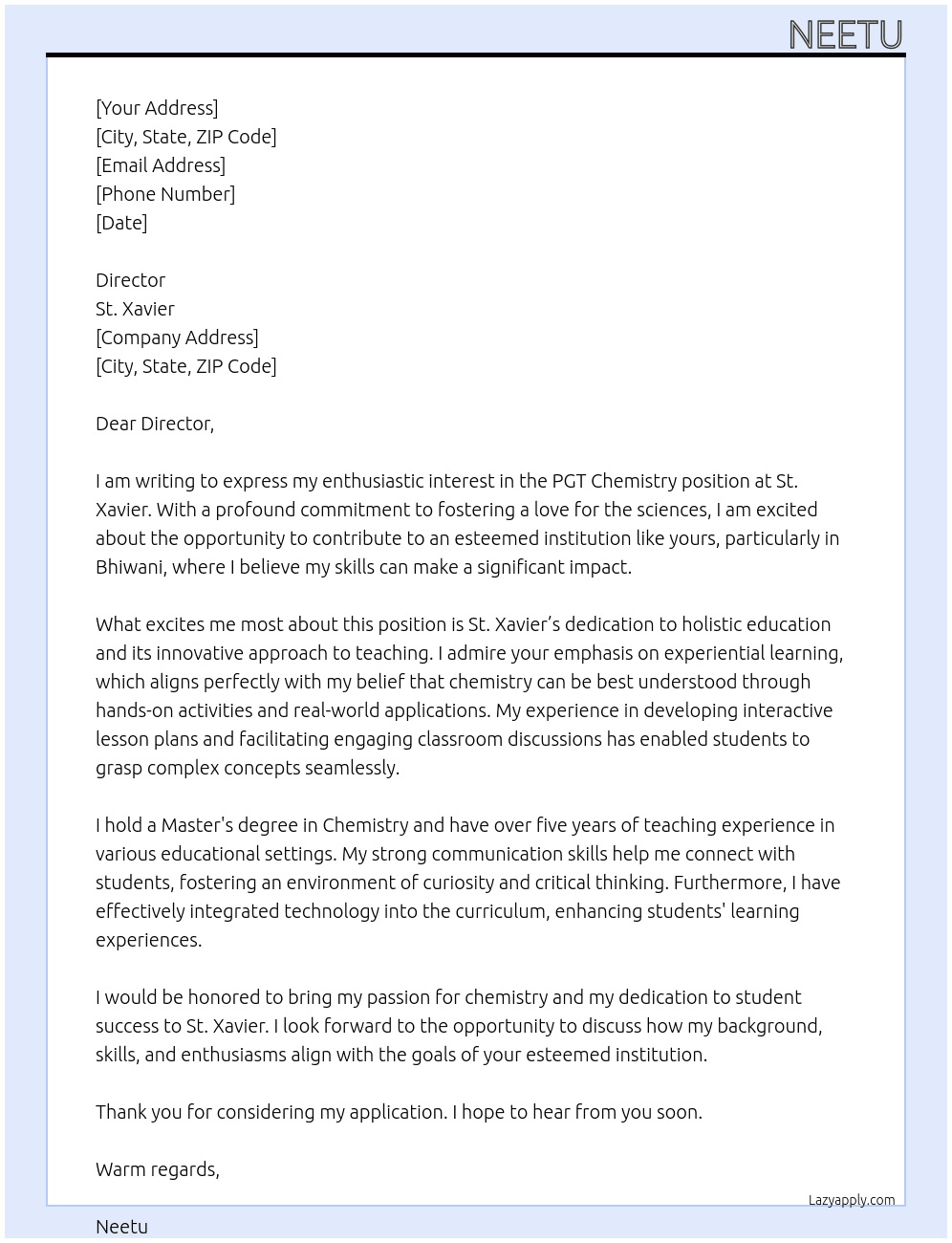 Pgt chemistry  At St. Xavier  Cover Letter