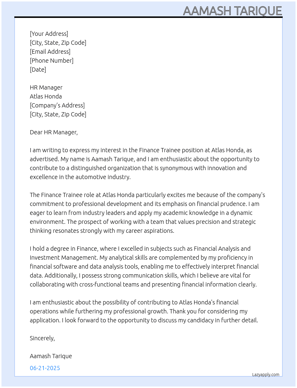 Finance trainee At Atlas Honda Cover Letter