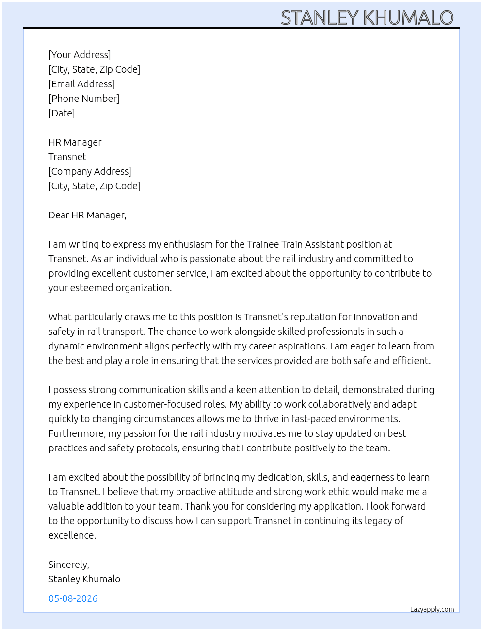 Trainee Train Assistant At Transnet  Cover Letter