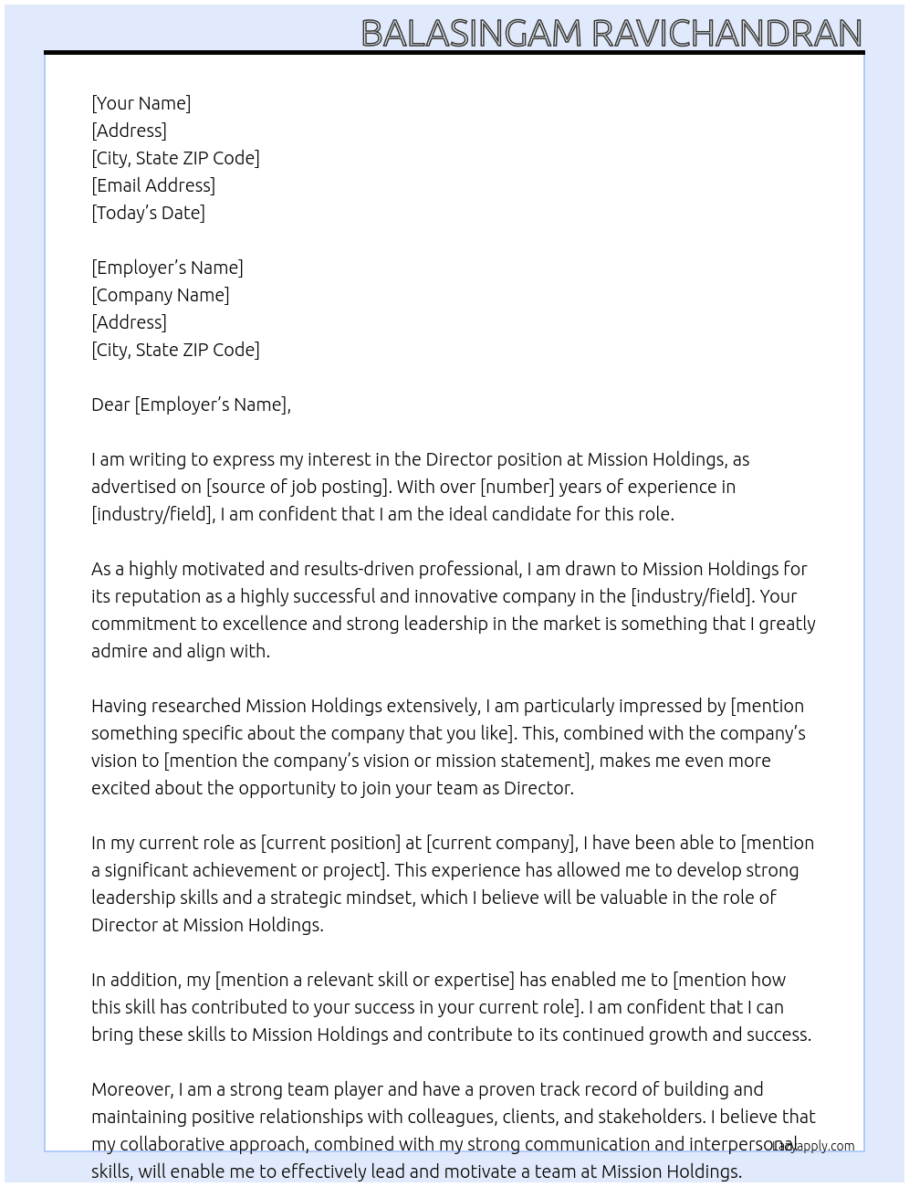 Director  At Mission Holdings Cover Letter