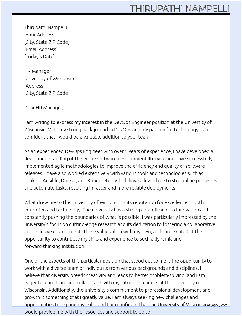 DevOps Engineer At University of Wisconsin Cover Letter