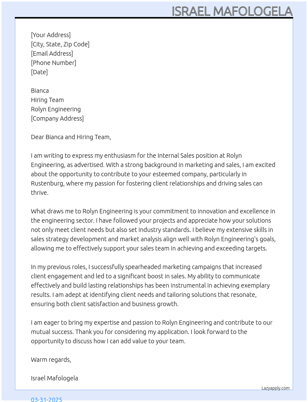 INTERNAL SALES At ROLYN ENGINEERING Cover Letter