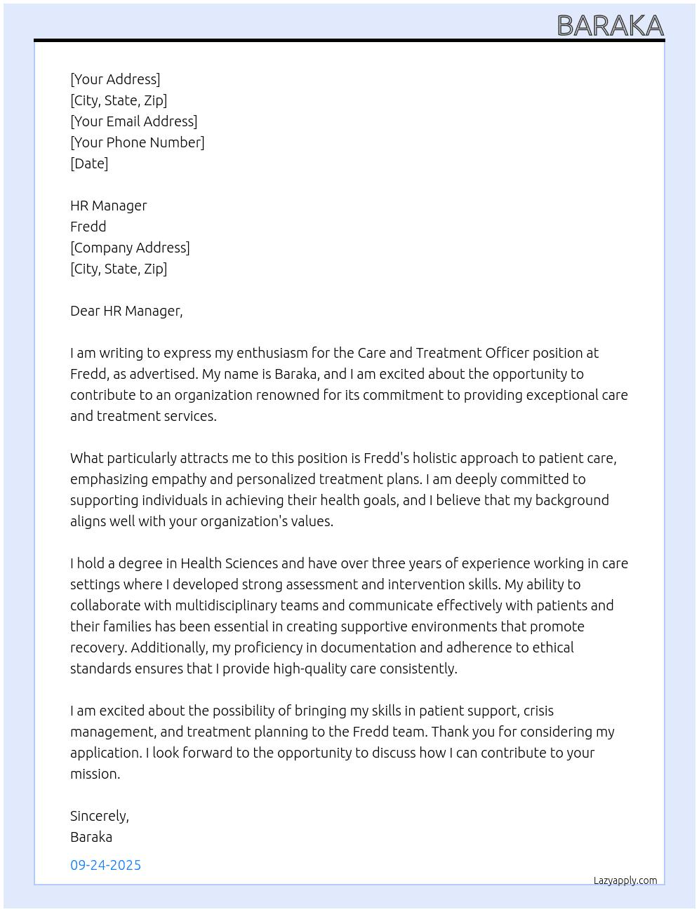 Care and treatment officer At fredd Cover Letter