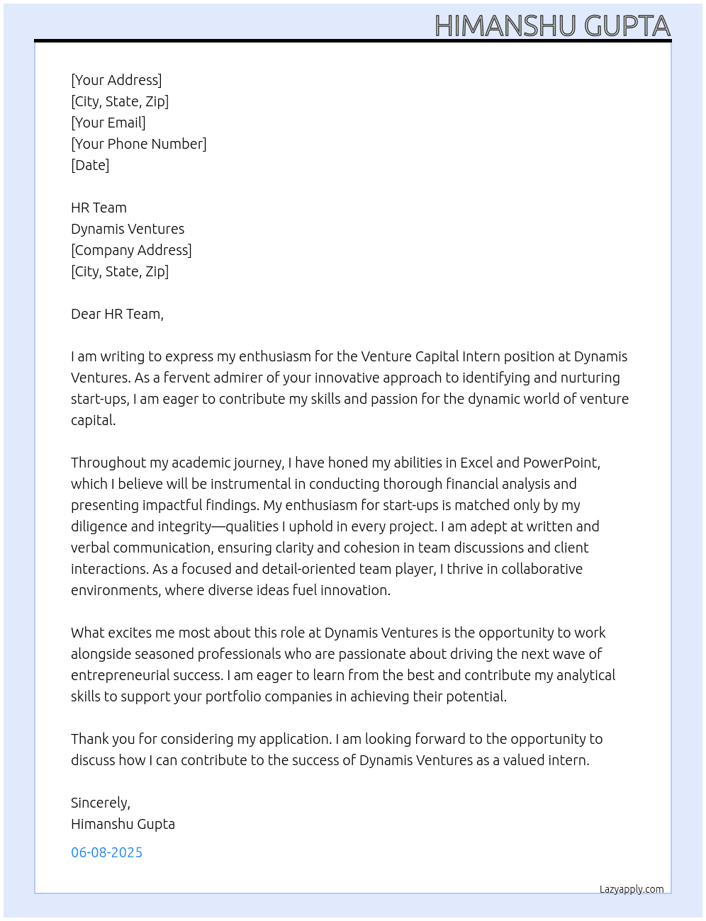 Venture Capital Intern At Dynamis Ventures Cover Letter