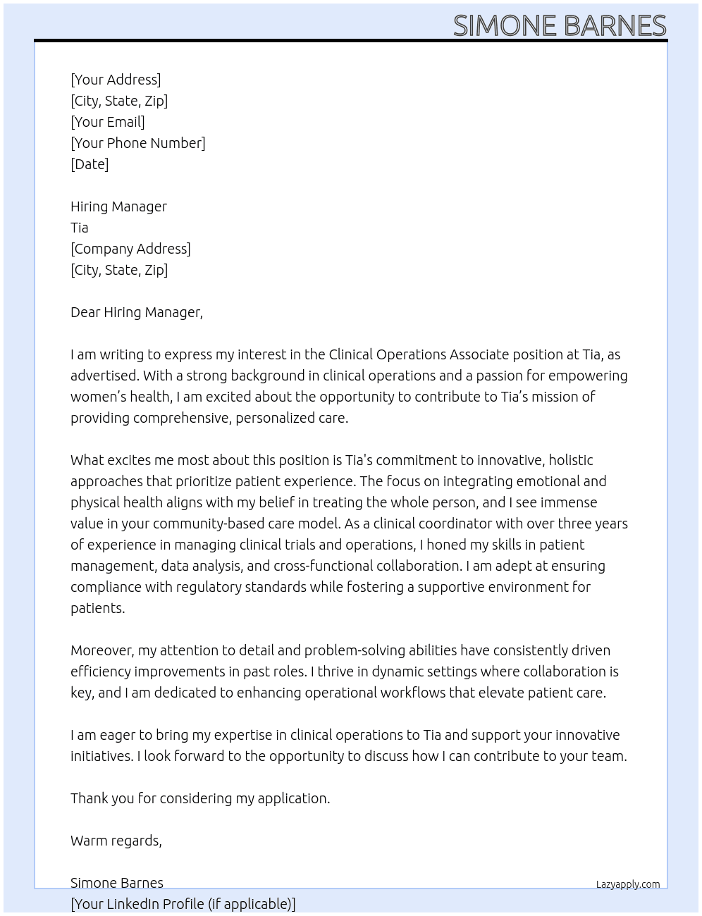 Clinical Operations Associate  At Tia Cover Letter