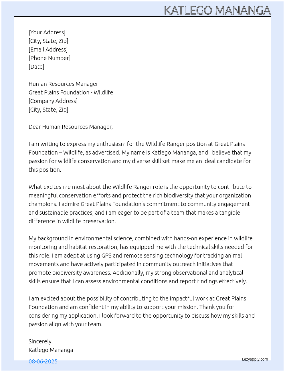 WILDLIFE RANGER At GREAT PLAINS FOUNDATION -WILDLIFE  Cover Letter