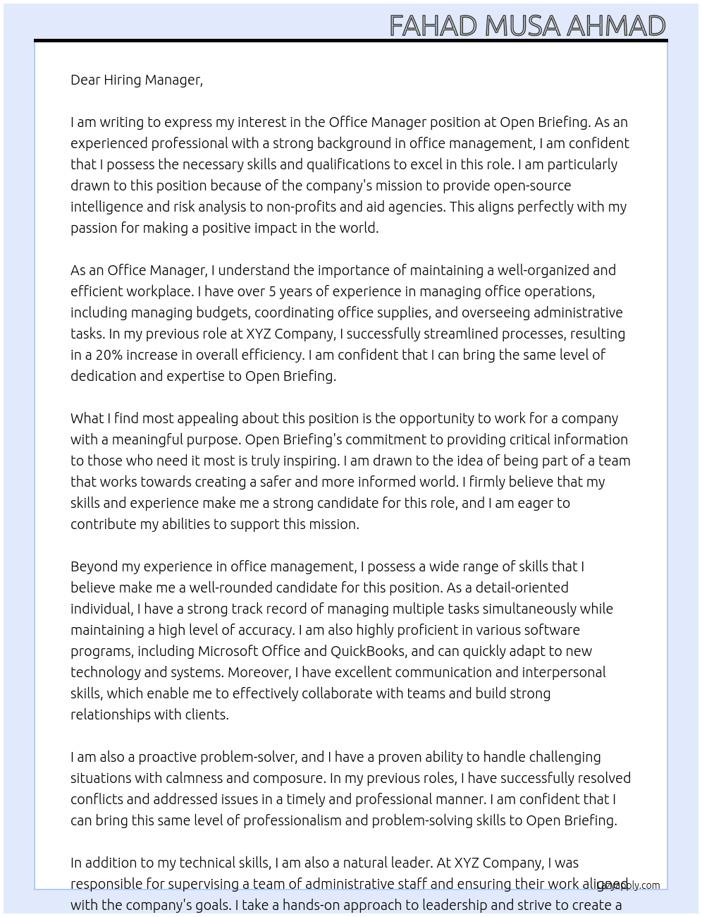 Office Manager At Open Briefing Cover Letter