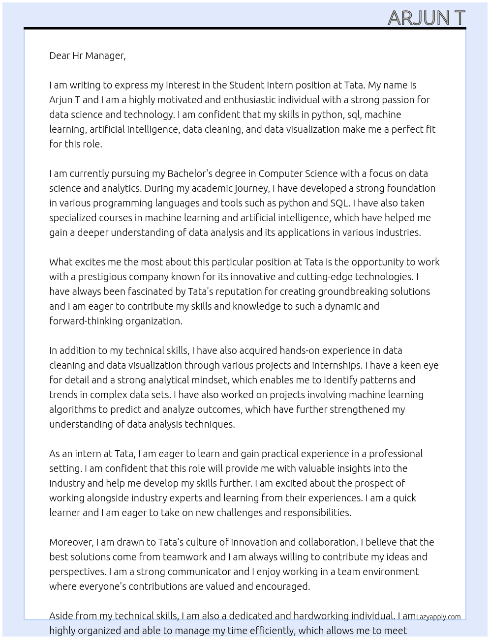 Student Intern At Tata Cover Letter