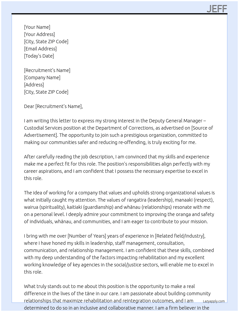 Deputy General Manager - Custodial Services Department of Corrections   Deputy General Manager - Custodial Services  Department of Corrections  View all jobs Christchurch Central, Canterbury General/Business Unit Manager (CEO & General Management) Full time Salary range is $151,147 - $173,925 per annum Posted 6d ago    Do our organisational values resonate with you? How do you bring these to life in your mahi day to day? Be effective in helping reduce re-offending & making our communities safer Leadership role, permanent position, Christchurch location Ngā kawenga | About the role  The primary purpose of the Deputy General Manager - Custodial Services is to support the General Manager at Christchurch Men's Prison (CMP) in championing and implementing national and regional initiatives designed to develop a one-team approach on-site, violence reduction, staff safety and ensure a consistent approach to prison management and reducing re-offending.  At CMP, you will be one of two Deputy General Managers - Custodial Services each with 5 custodial managers as direct reports. As their leader, you will provide guidance and support for these managers; take the lead on most of the performance and disciplinary matters within custodial units; and be designated to stand in for the General Manager in her absence.    He kōrero mōu | About you   By demonstrating visible leadership, you will have the courage, passion and determination to deliver outstanding results, raising the bar for quality practice with a deep understanding, appreciation for, and genuine interest in the issues the tāne in our care face.  Your leadership style will be inclusive and collaborative, and you will be able to clearly demonstrate your passion for building community relationships that maximise rehabilitation and reintegration outcomes and to do this we need a forward-thinking leader who can bring our team on a journey while developing an inclusive organisational culture.  Along with the above we would like to hear from you if you are able to demonstrate the following:  Proven experience in supporting management in a role requiring business planning, staff management and development, consultation, communication, and relationship management skills. An understanding of the factors impacting rehabilitation coupled with an excellent working knowledge of key agencies, both governmental and non-governmental, in the social/justice sectors. A commitment to working constructively towards our Hōkai Rangi goals to lower the proportion of Māori in the Corrections system. The ability to understand and respect different cultural perspectives, particularly in relation to te ao Māori. Commitment to developing staff to improve performance, contribute to culture change and build management capability. Ability to develop and maintain strong working relations with external agencies and stakeholder groups, taking account of their strategic goals, pressures and priorities. Key to your success will be proven relationship management skills as the role requires significant community, agency, partnerships and stakeholder engagement. Custodial knowledge and or experience for this role would be advantageous but is not a requirement. Utu ā-tau | Salary  The salary applicable for this position is Scale D of the Frontline Managers Collective. This is divided across 6 salary steps ranging from $151,147 - $173,925 per annum. Appointment and remuneration will reflect skills and experience relevant to the role and as per the terms of the collective agreement.  Ko wai mātou | About us  Ara Poutama Aotearoa is a name that has been gifted to us and is our commitment to improving the oranga and safety of the people, whānau, and that of the communities we serve across the motu.  As a values-led organisation, we use the principles of rangatira (leadership), manaaki (respect), wairua (spirituality), kaitiaki (guardianship) and whānau (relationships) to shape how we work and deliver the outcomes in our strategy - Hōkai Rangi (https://corr.nz/hr).  It is an exciting time to join us, and we continue to seek out talented individuals who are committed to an inclusive, vibrant workplace. We recognise and celebrate the uniqueness of individuals, and that of the collective talent in our whānau.   We welcome applications from disabled and neurodiverse communities, all cultures, faiths, and rainbow communities, as we appreciate the richness of experience that diversity brings to our organisation. We strive to make our recruitment process fair and inclusive, and we encourage applicants to discuss reasonable accommodation with us if required at southernrecruitment@corrections.govt.nz.  Tono ināianei | Apply Now  If you have any questions please contact:  kelly.jameson@corrections.govt.nz  To view the job description, click 'apply' and you will be taken through to our careers site, where you can view this.  To apply, please submit a tailored CV and a cover letter describing your motivation for joining the department highlighting relevant skills and experience. Alignment to our kaupapa is critical to our success - we ask that you provide examples which reflect and demonstrate our organisation values.   Applications close on: Monday, 27th January 2025  All applications must be submitted through our careers site to ensure transparency. Applications received via email will not be considered.   If you want to find out more about a career with us, visit careers.corrections.govt.nz or email our team at  southernrecruitment@corrections.govt.nz  How do your skills match this job? Sign in and update your profile to get insights. Report this job advert Be careful Don’t provide your bank or credit card details when applying for jobs. Learn how to protect yourself Career Advice Researching careers? Find all the information and tips you need on career advice. Role descriptions Salary insights Tools to help you prepare for jobs At Department of Corrections Cover Letter