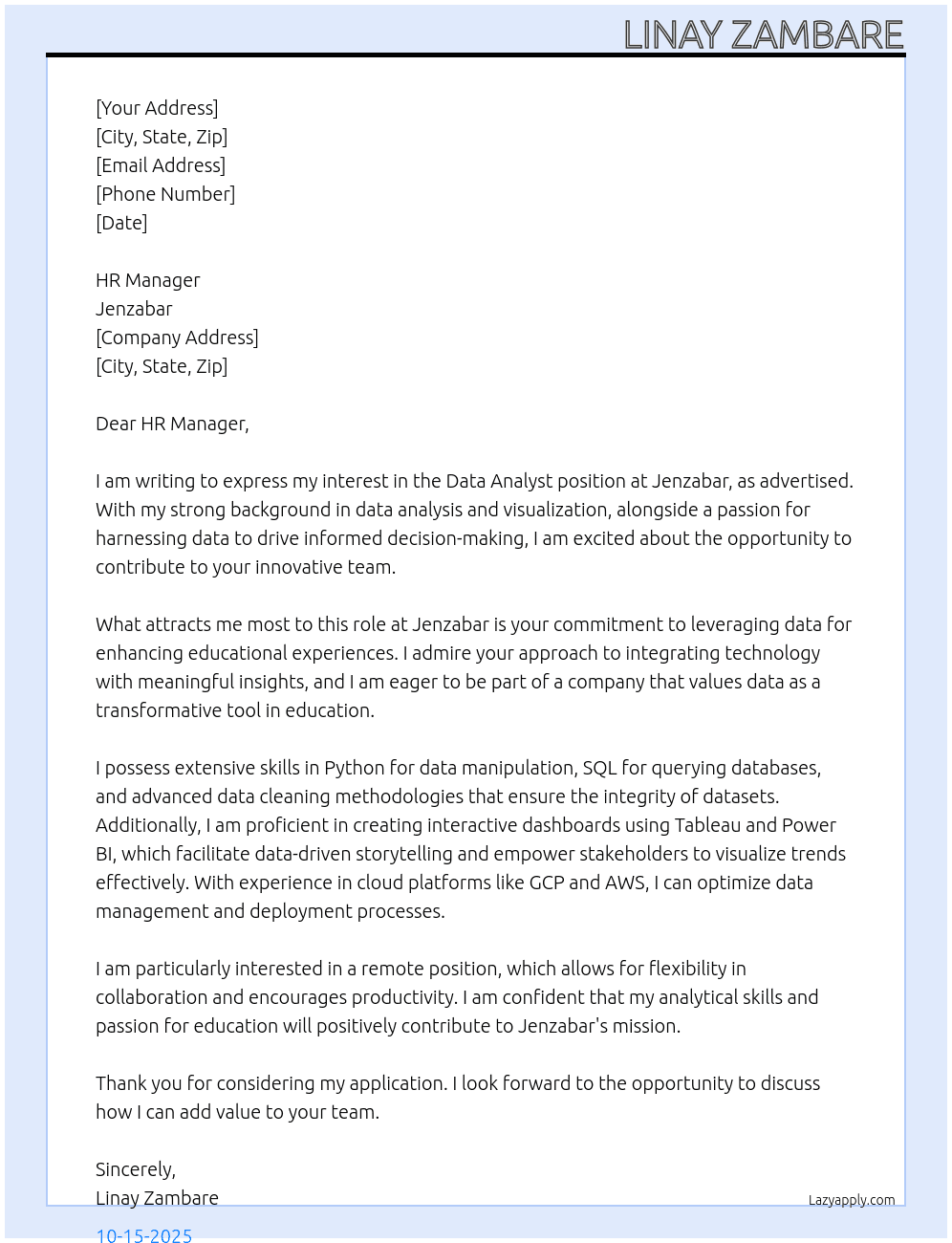 Data Analyst At Jenzabar Cover Letter