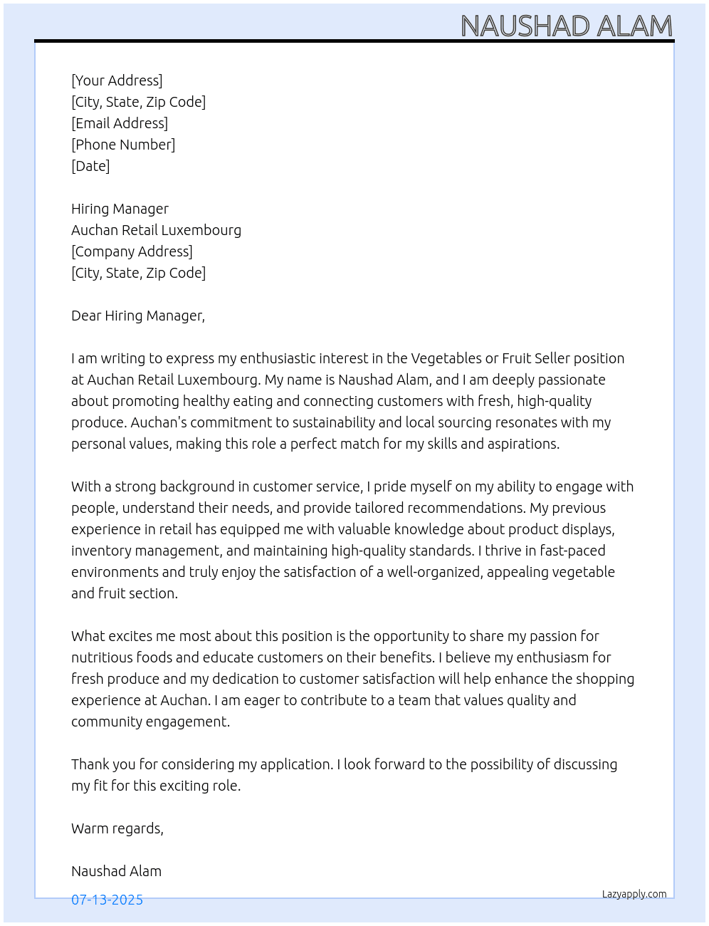 Vegetables or fruit seller At Auchan Retain Cover Letter