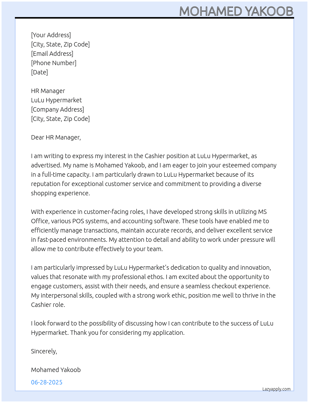 CASHIER At LuLu Hypermarket Cover Letter