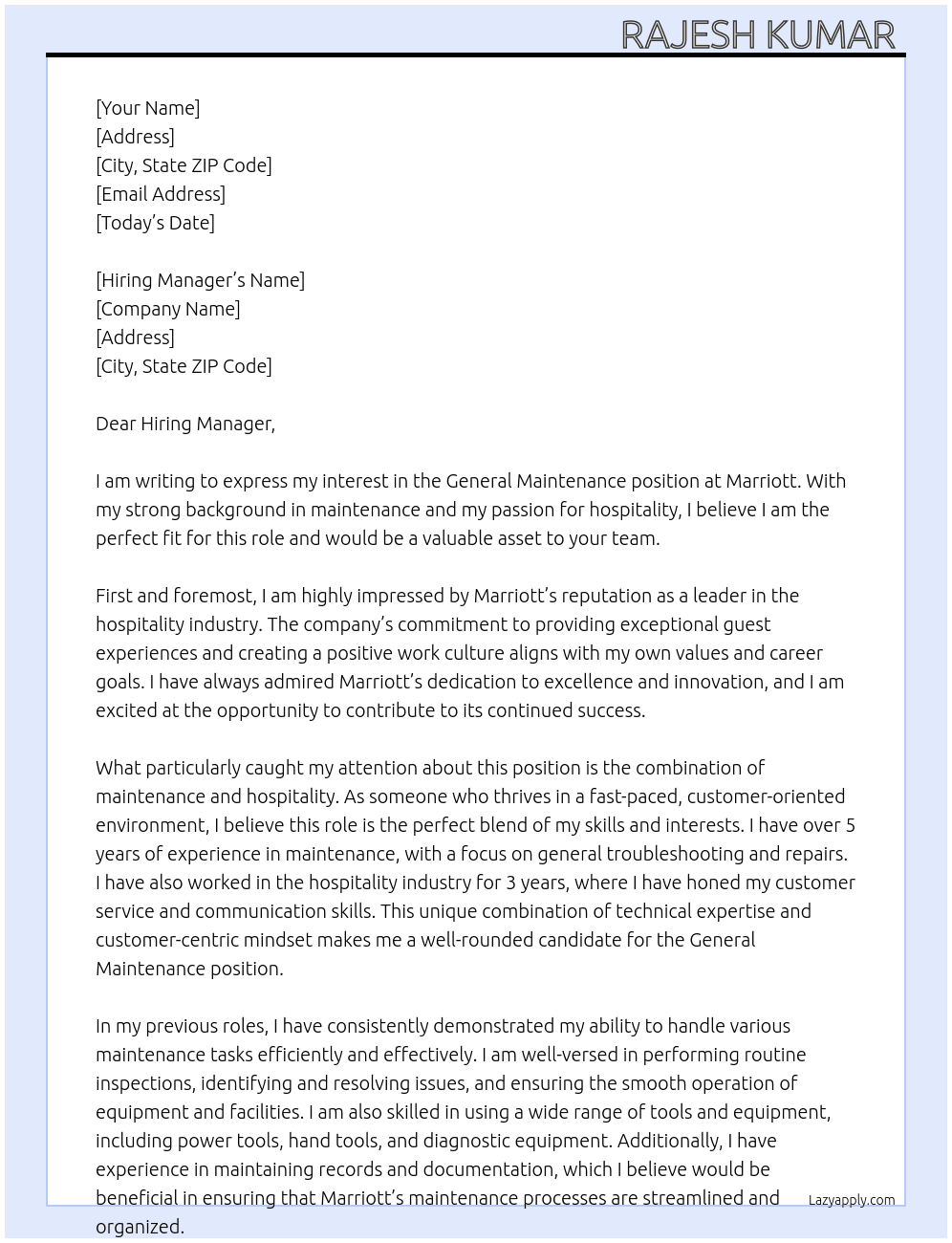 Cover letter for general maintenance - LazyApply