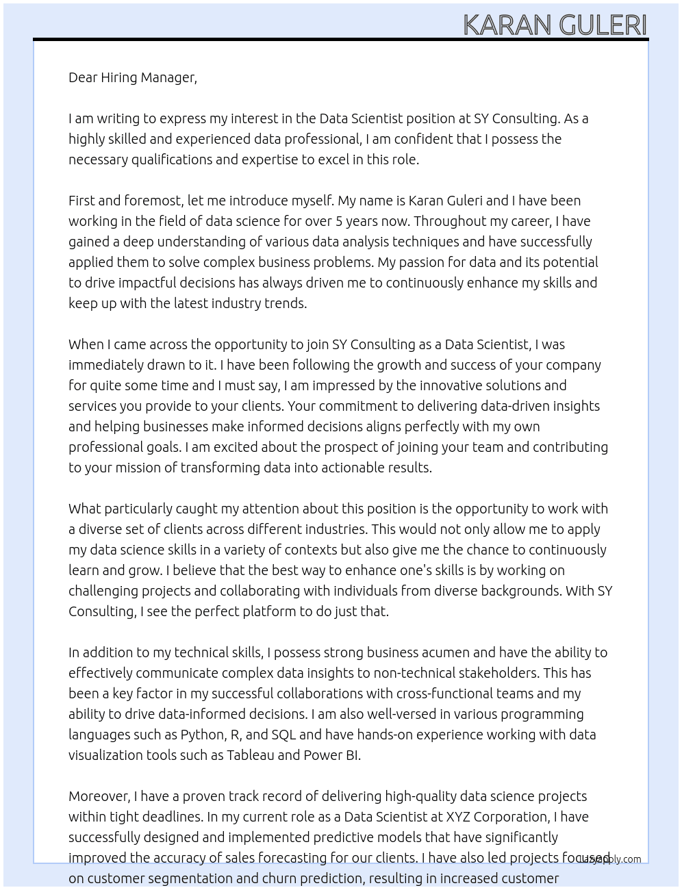 Data Scientist At SY Consulting Cover Letter