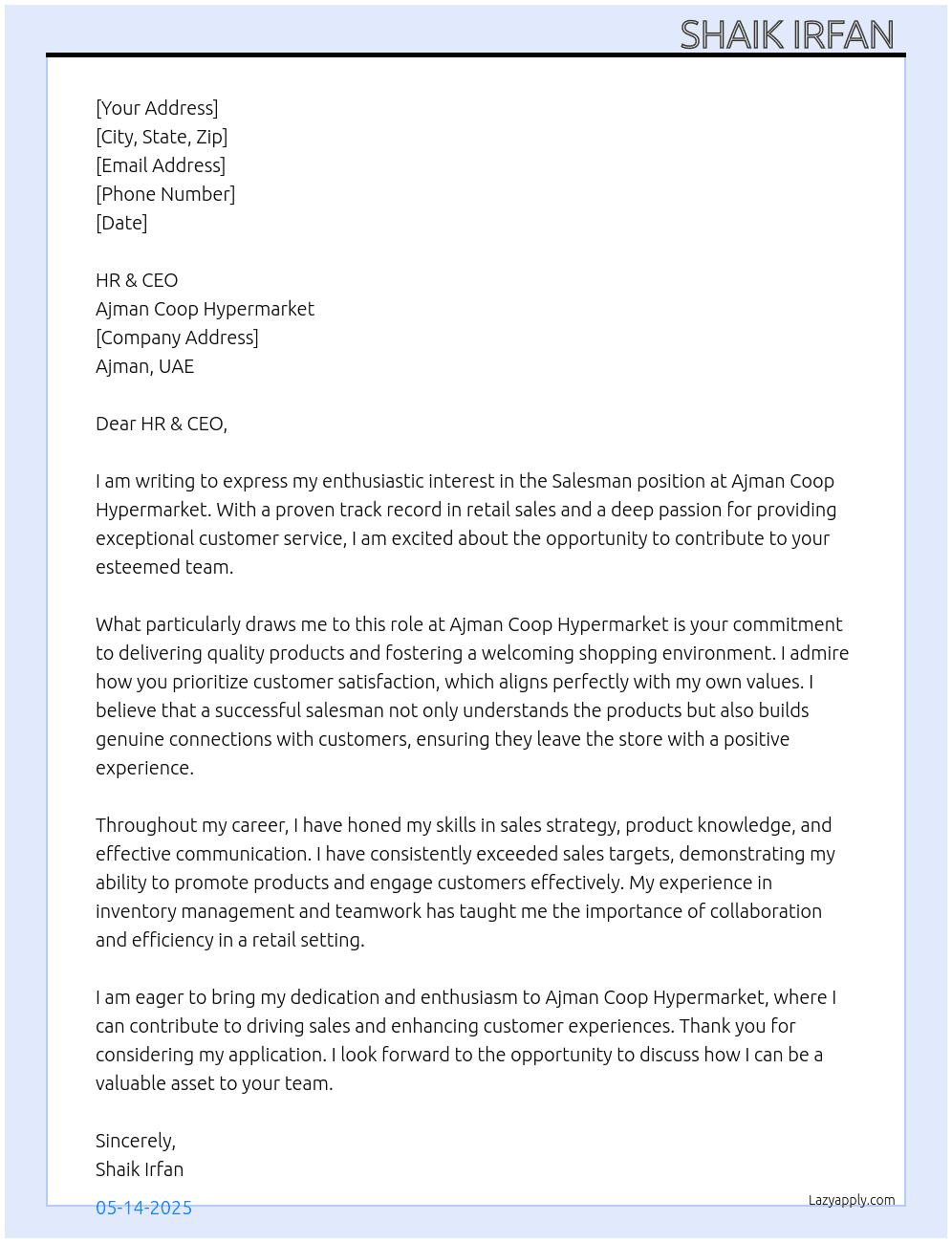 Salesman  At Ajman coopHypermarket  Cover Letter
