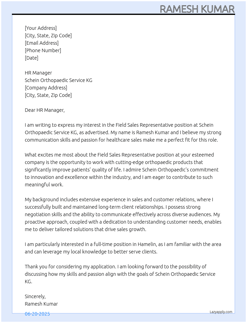Field Sales Representative  At Schein Orthopaedic Service KG  Cover Letter