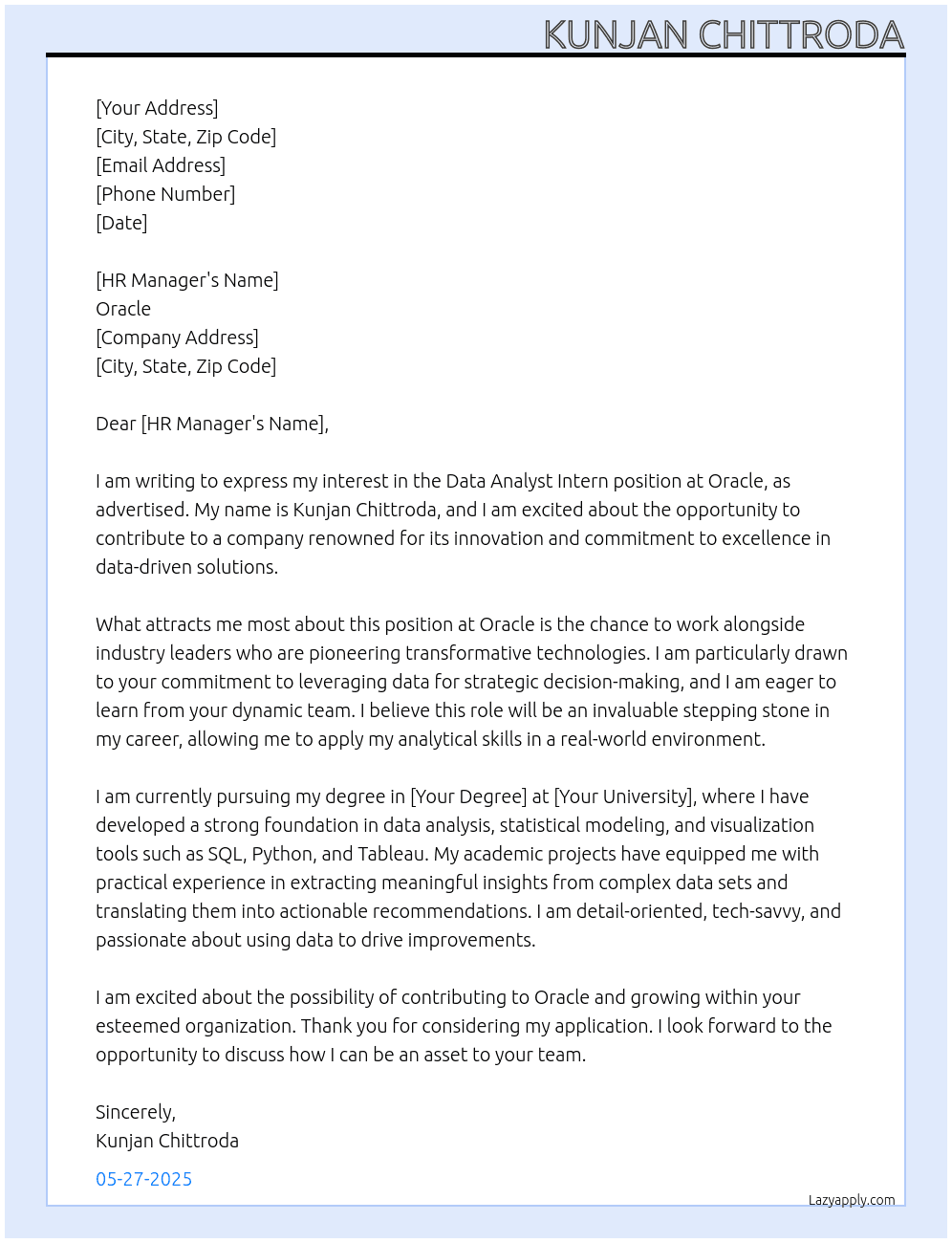 Cover letter for intern for data analyst - LazyApply