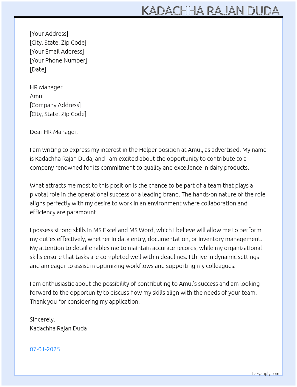 Helper At Amul Cover Letter