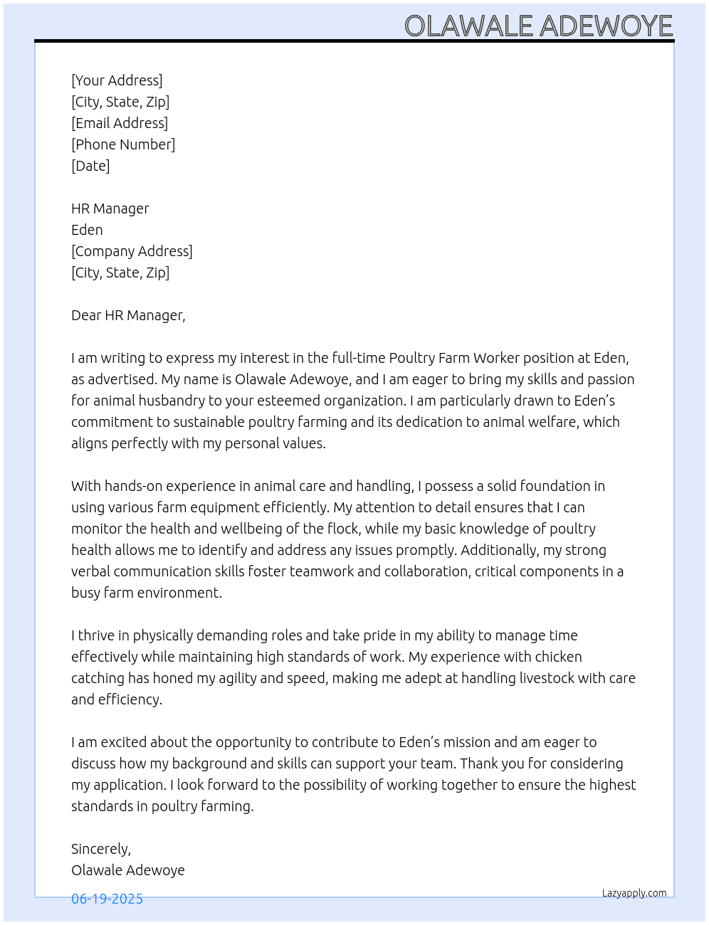 Poultry Farm Worker At Eden Cover Letter