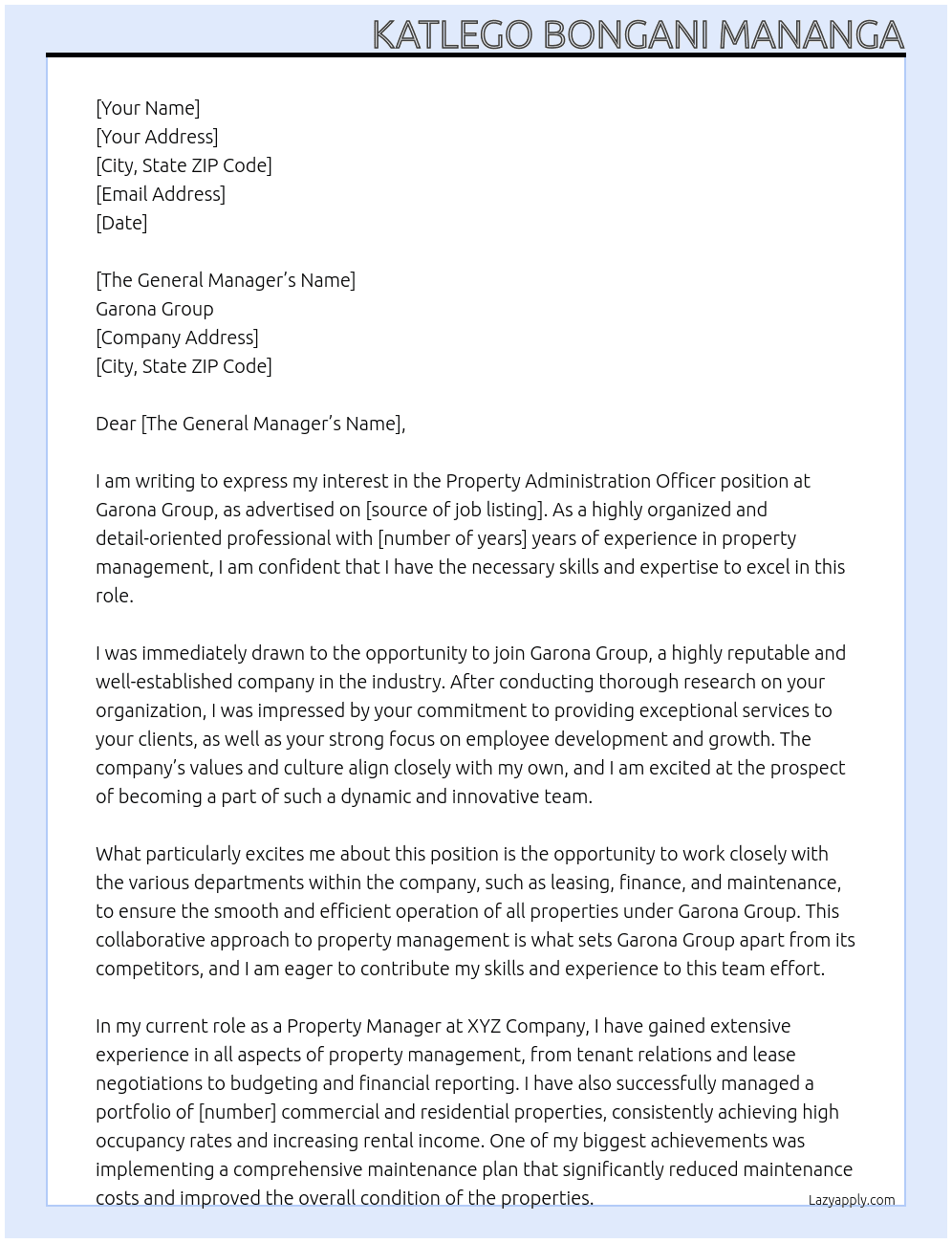 Property Administration Officer At Garona Group Cover Letter