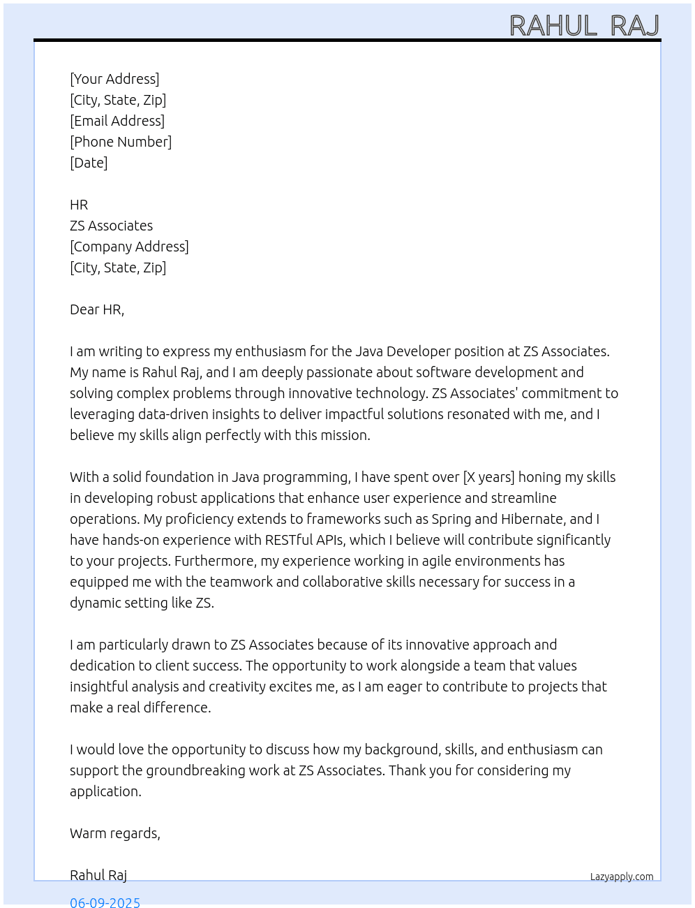 Java developer  At ZS associate  Cover Letter