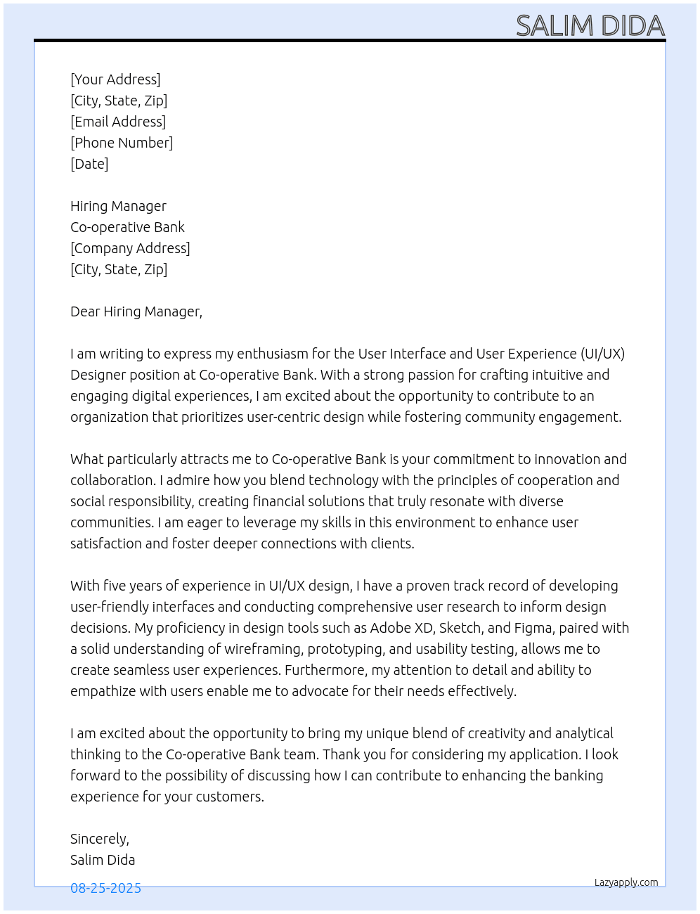 User Interface and User Experience (UI/UX) Designer At CO-OPERATIVE BANK Cover Letter