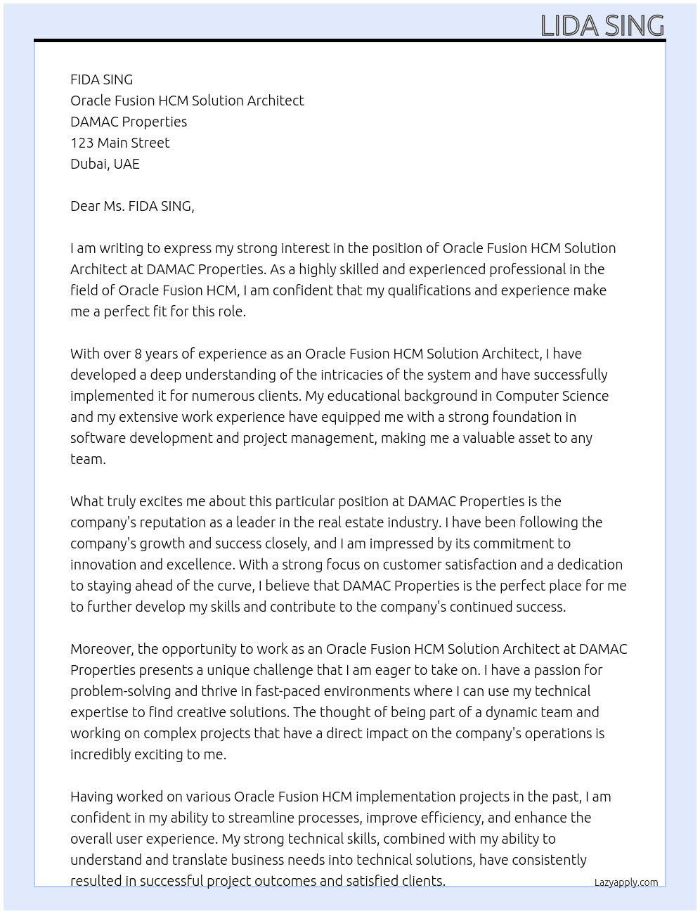 Oracle Fusion HCM Solution Architect At DAMAC Properties Cover Letter