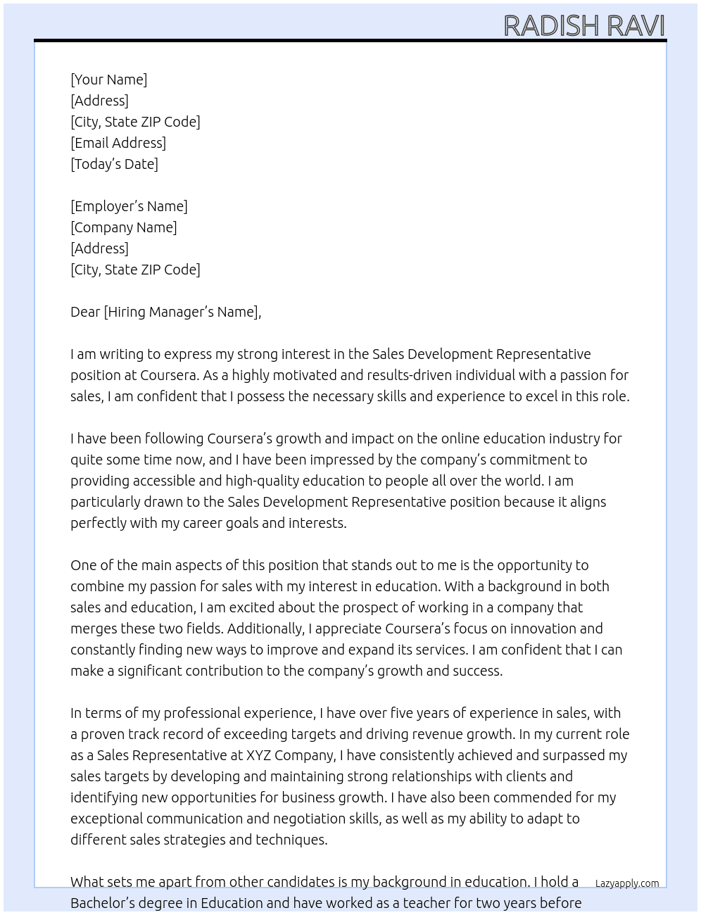 Sales Development Representative At Coursera Cover Letter