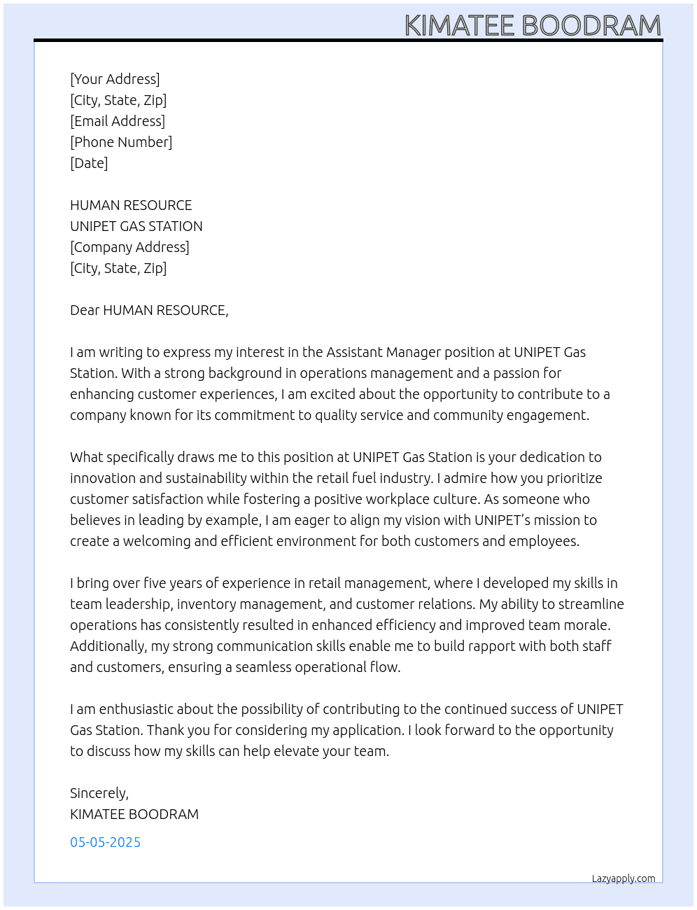 ASSISTANT MANAGER At UNIPET GAS STATION Cover Letter