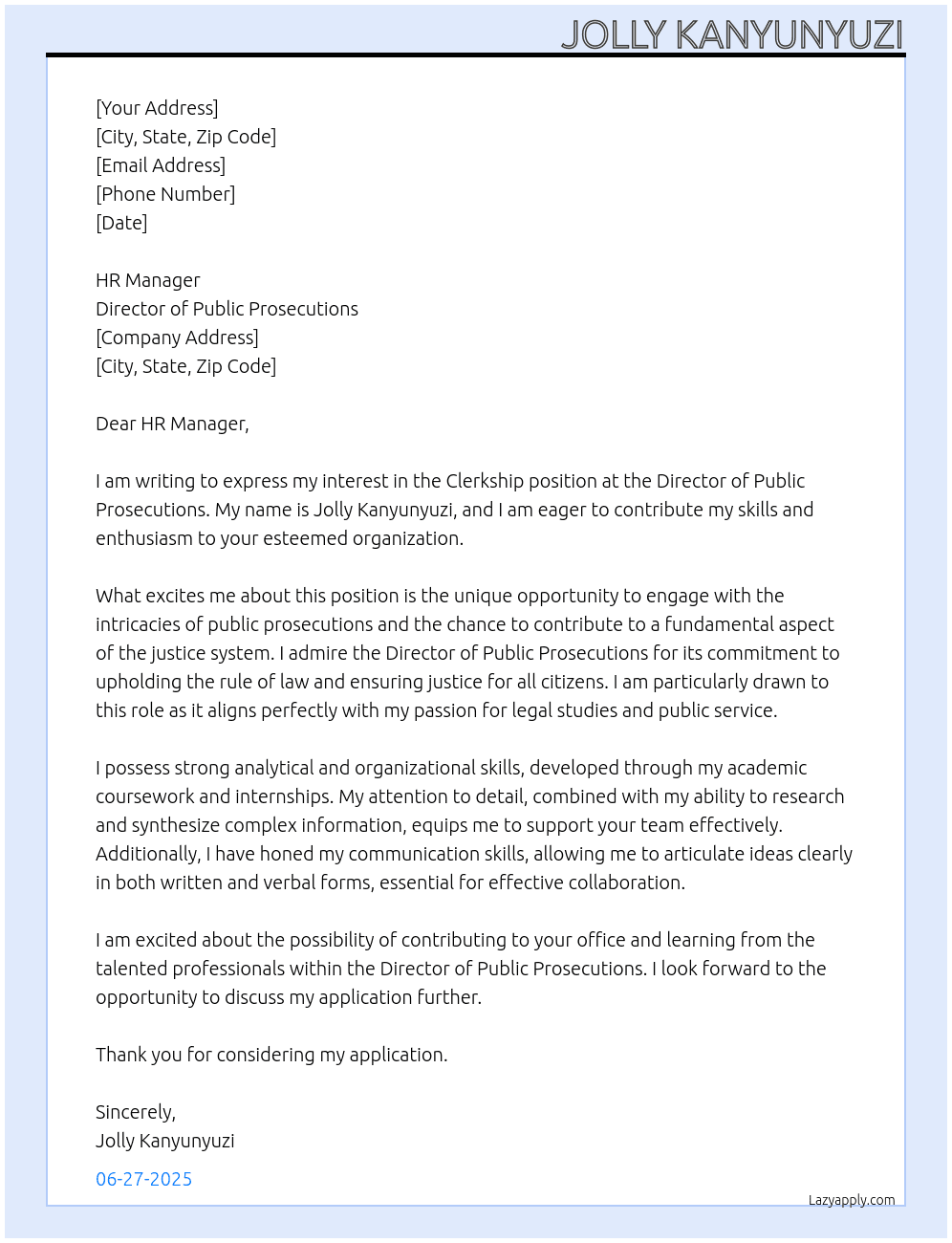 Clerkship At Dirextor of public prosecutions Cover Letter