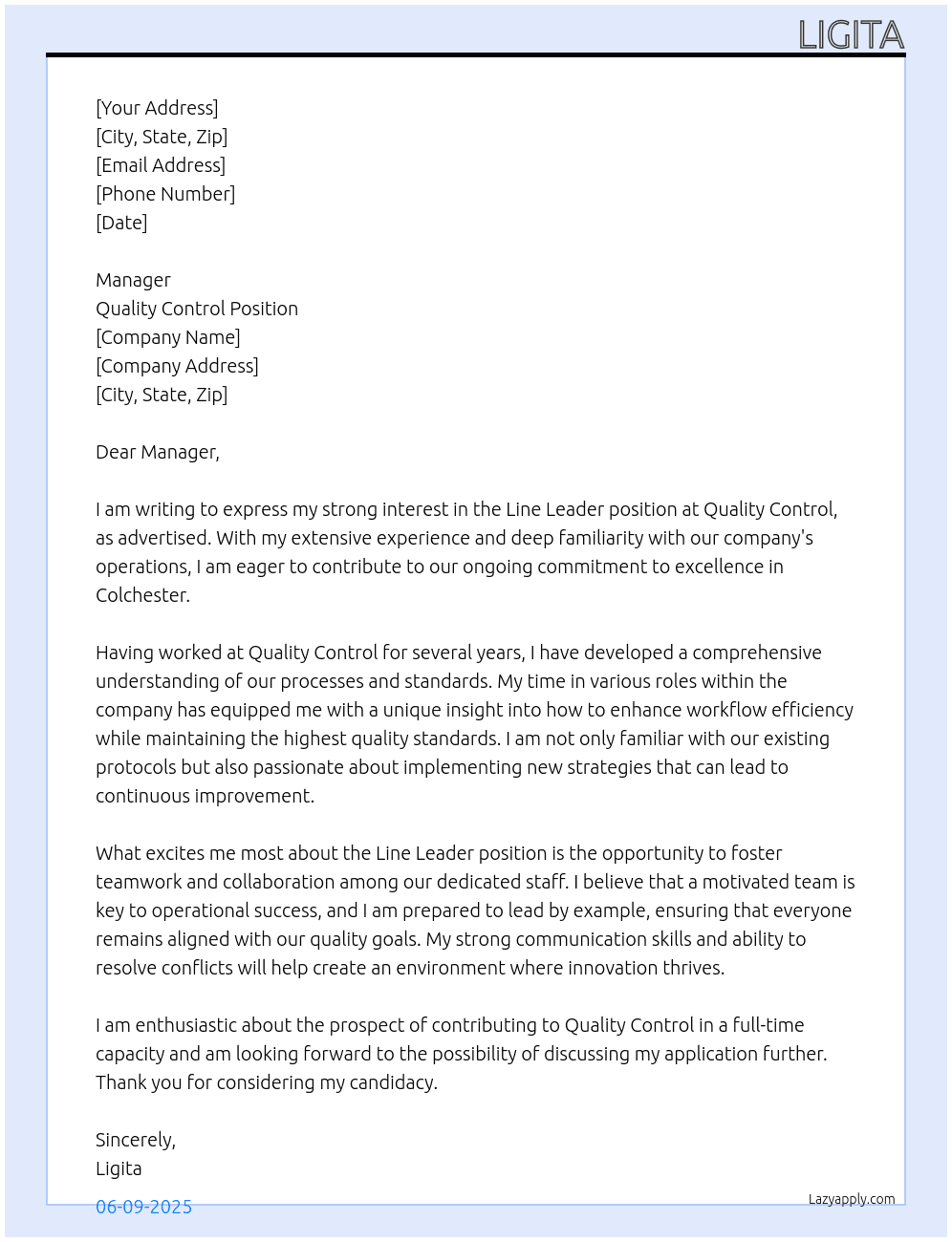Line leader  At Quality control position Cover Letter